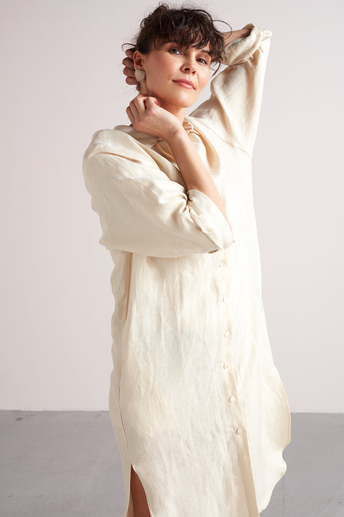 ANRI midi linen cupro shirt dress in light cream