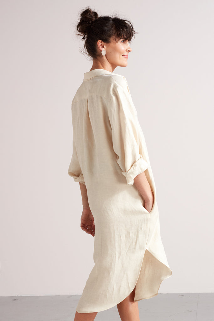 ANRI midi linen cupro shirt dress in light cream