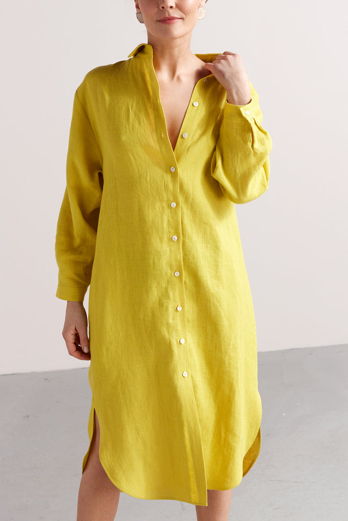 ANRI midi linen shirt dress in lemon yellow