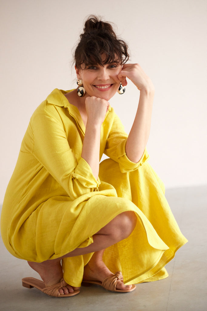 ZUMA A silhouette linen midi shirt dress in lemon yellow