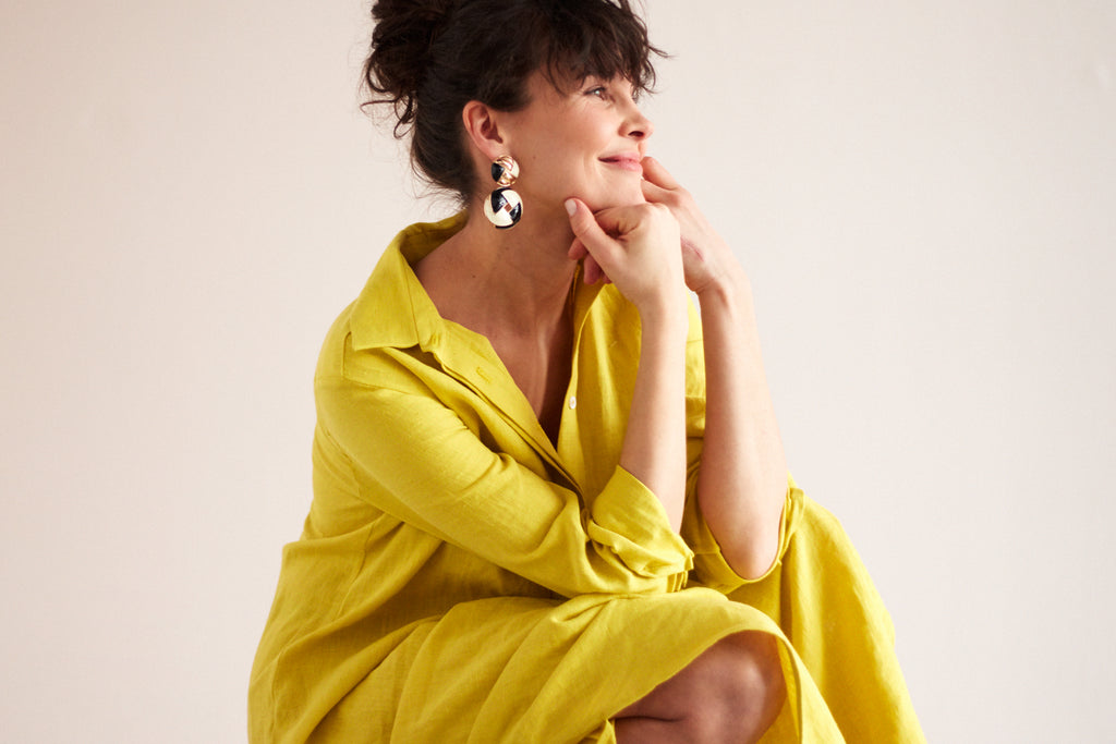 ANRI midi linen shirt dress in lemon yellow