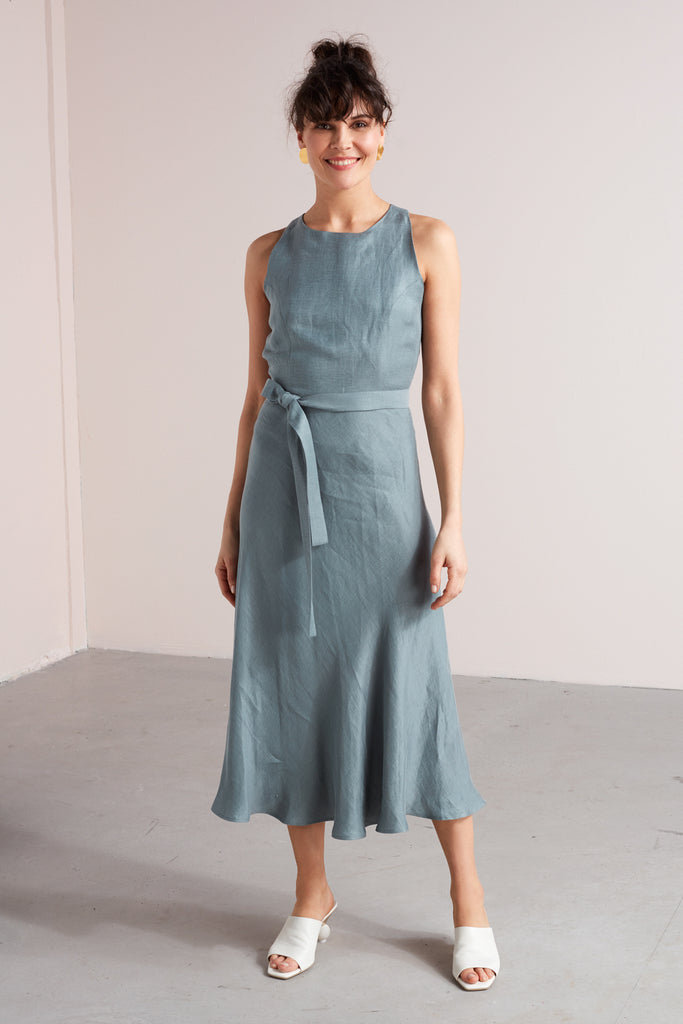 DEMI open back linen cupro midi dress in dusty blue