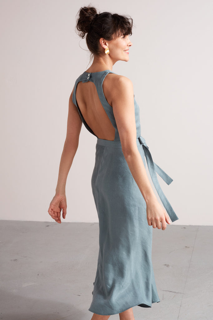 DEMI open back linen cupro midi dress in dusty blue