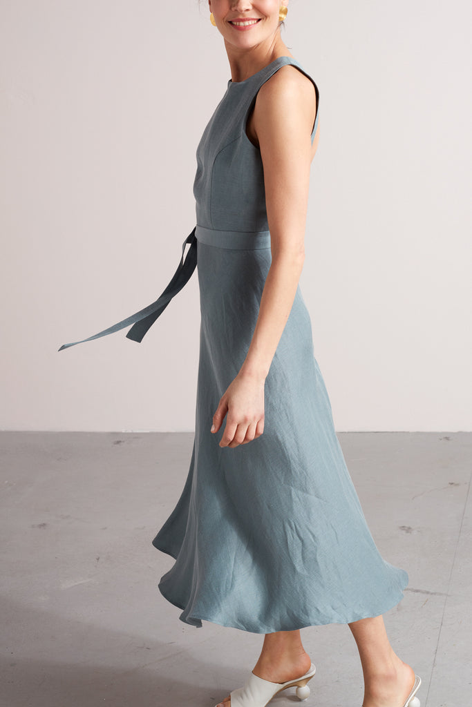 DEMI open back linen cupro midi dress in dusty blue