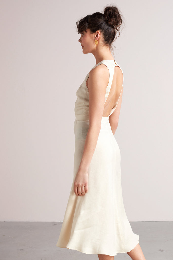 DEMI open back linen cupro midi dress in light cream