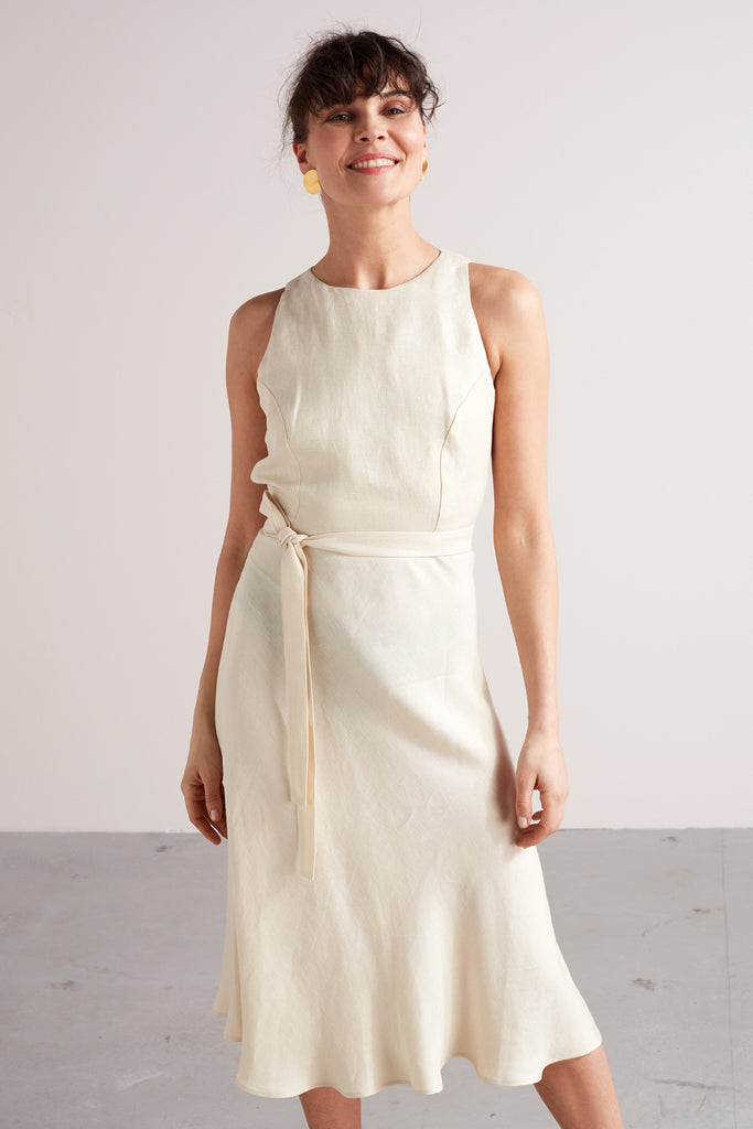 DEMI open back linen cupro midi dress in light cream