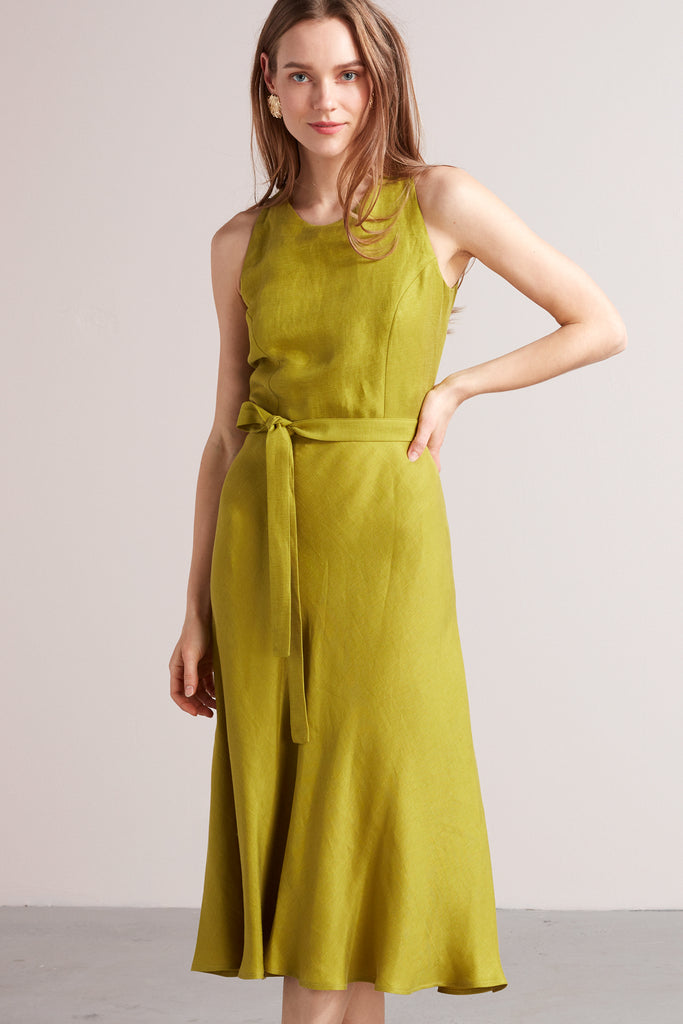 DEMI open back linen cupro midi dress in light cream