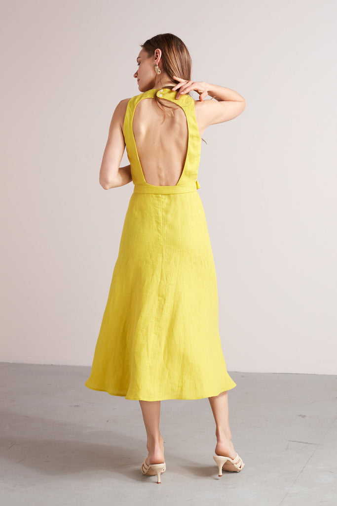 DEMI open back linen midi dress in lemon yellow
