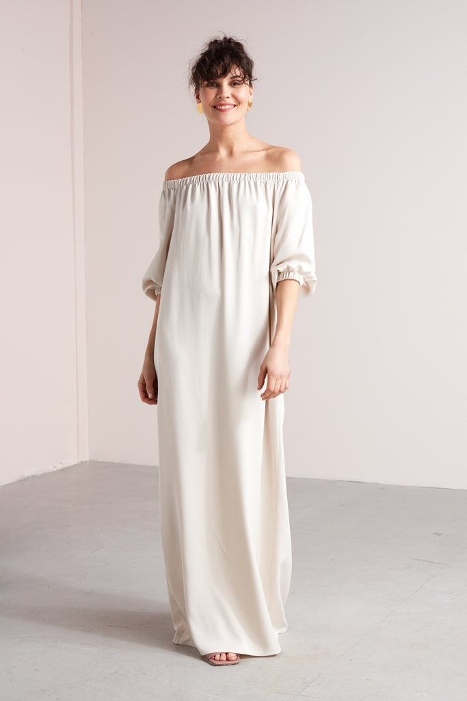 GOYA off shoulder maxi dress in pearl white