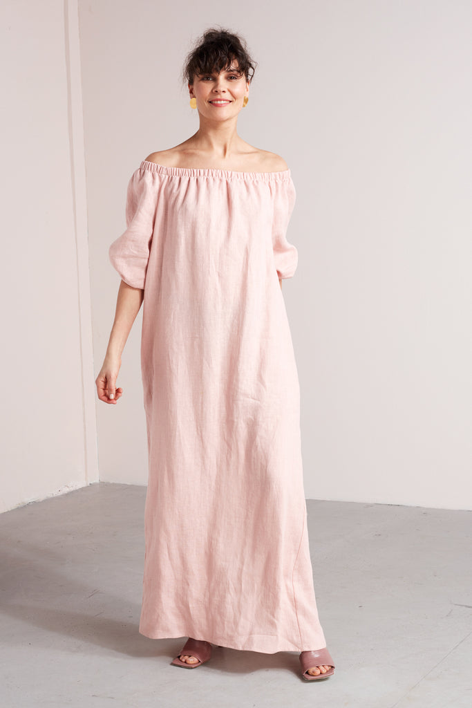 GOYA off shoulder maxi linen dress in dusty pink