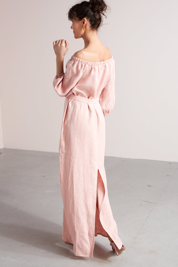 GOYA off shoulder maxi linen dress in dusty pink