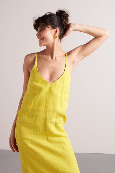 HANI midi linen slip dress in lemon yellow