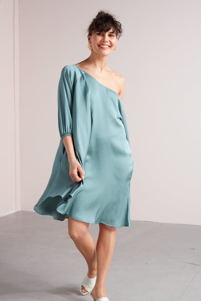 MILA mini flared of-the-shoulder dress in nude