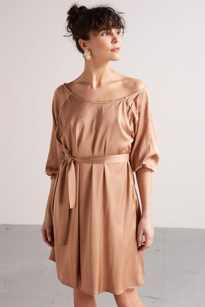 MILA mini flared of-the-shoulder dress in nude