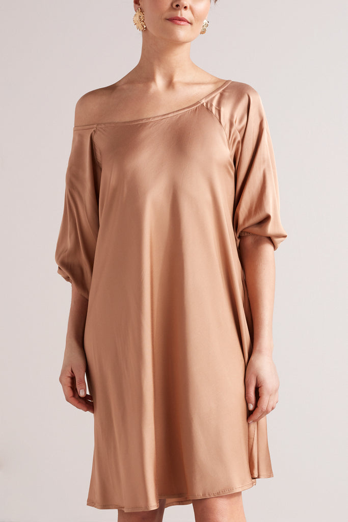 MILA mini flared of-the-shoulder dress in nude
