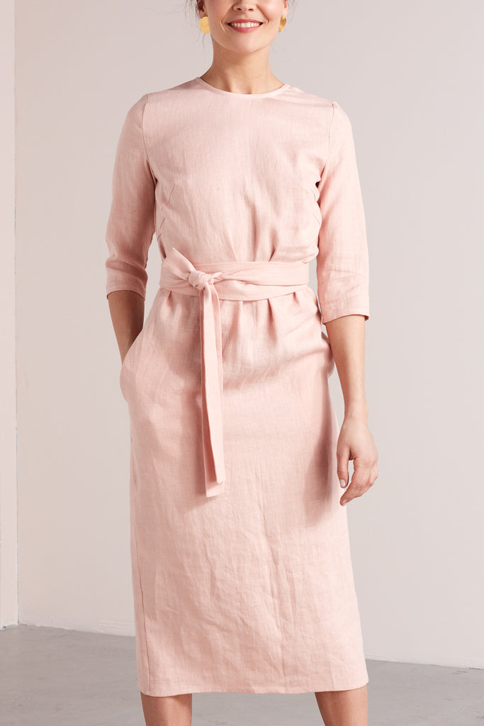 MILENA belted midi linen dress in lemon yellow