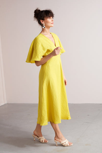 NORA midi butterfly sleeves linen dress in lemon yellow