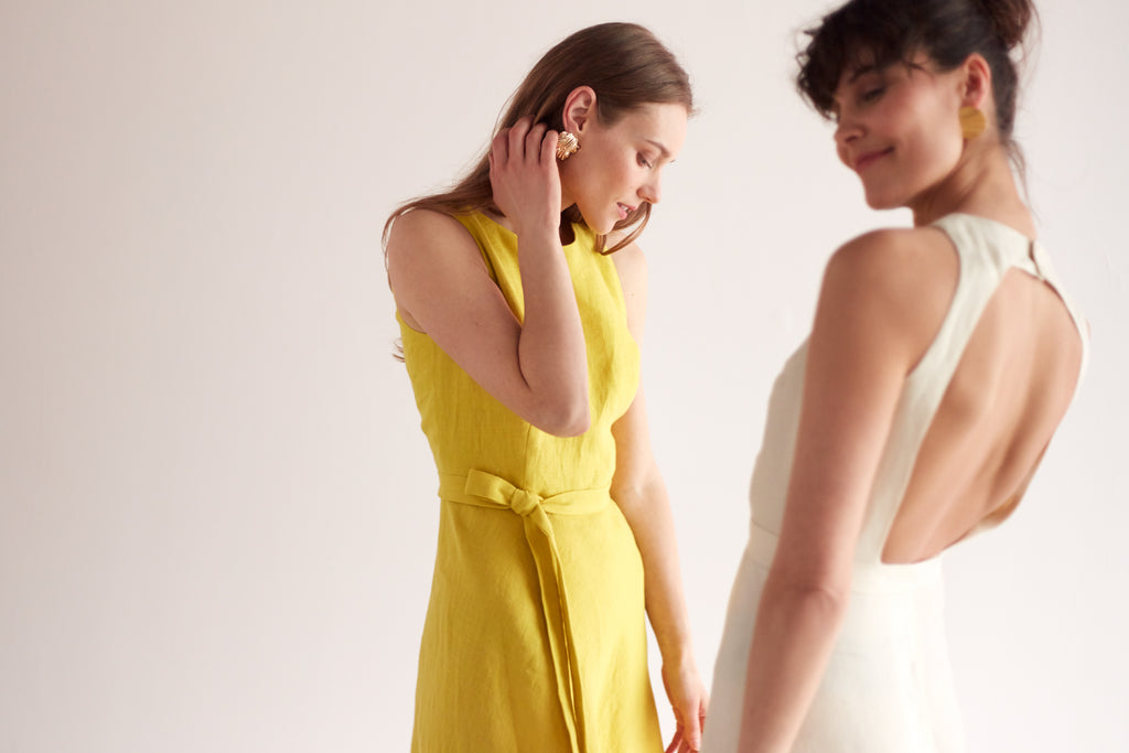 DEMI open back linen cupro midi dress in light cream