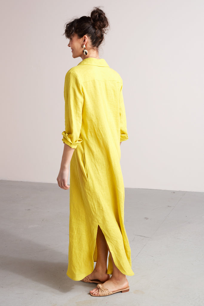 ZUMA A silhouette linen midi shirt dress in lemon yellow