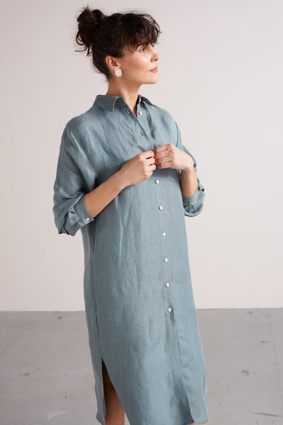 ANRI midi linen cupro shirt dress in dusty blue – • unlined •