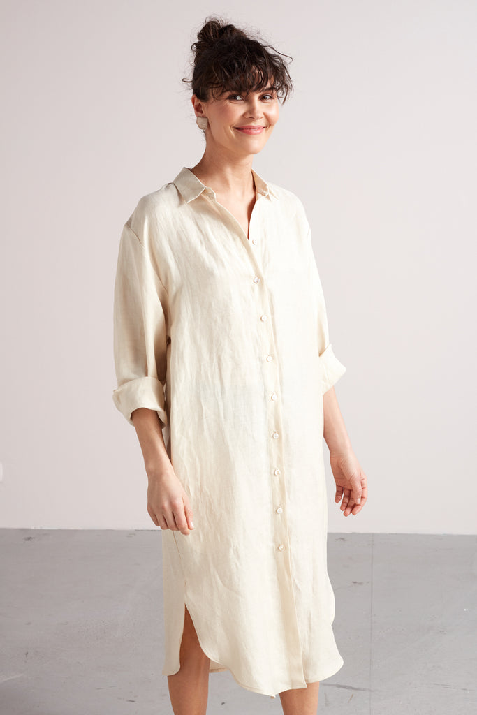ANRI midi linen cupro shirt dress in light cream