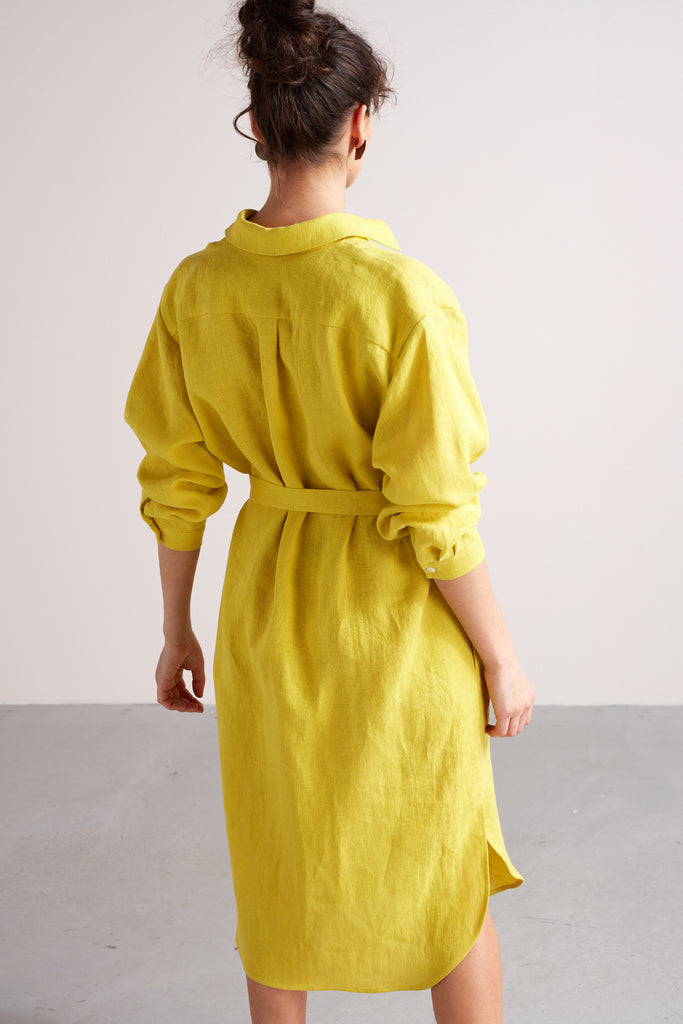 ANRI midi linen shirt dress in lemon yellow