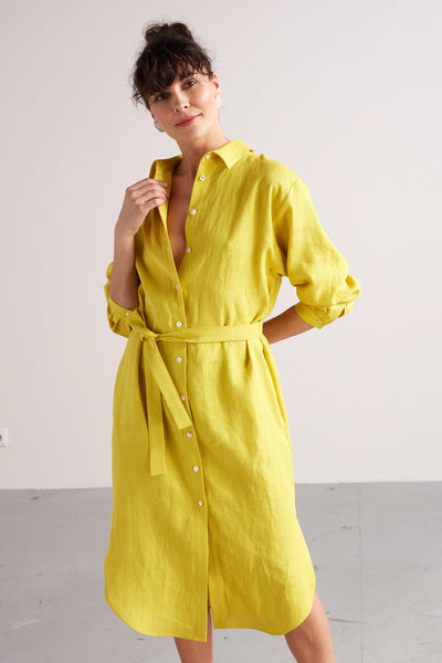 ANRI midi linen shirt dress in lemon yellow unlined ANRI midi linen shirt dress in lemon yellow unlined
