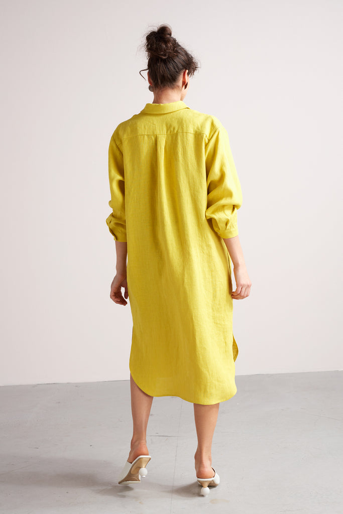 ANRI midi linen shirt dress in lemon yellow