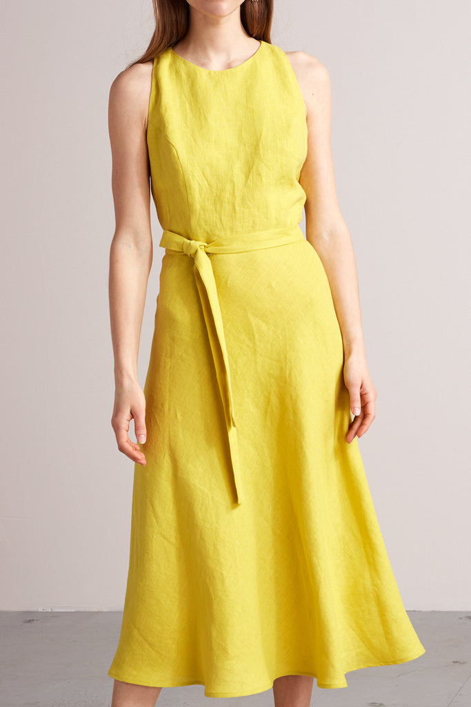 DEMI open back linen midi dress in lemon yellow