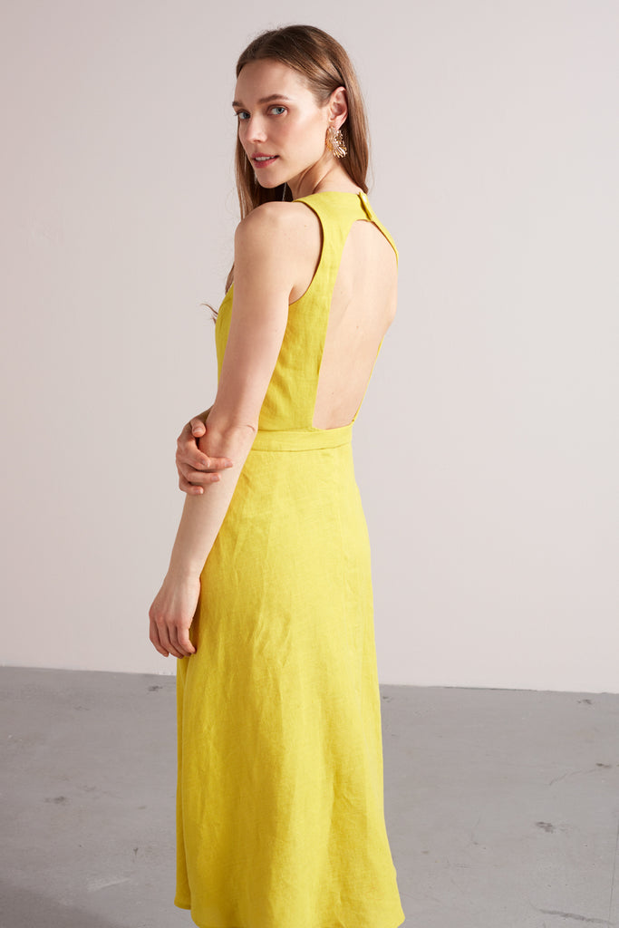 DEMI open back linen midi dress in lemon yellow