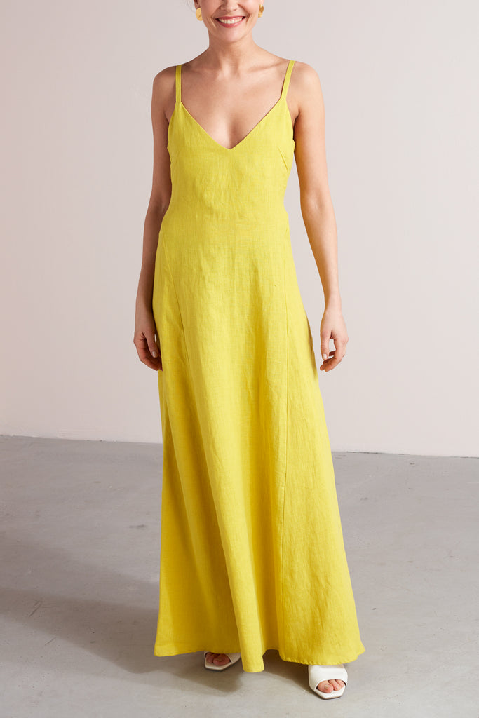 ELONA maxi linen summer dress in lemon yellow