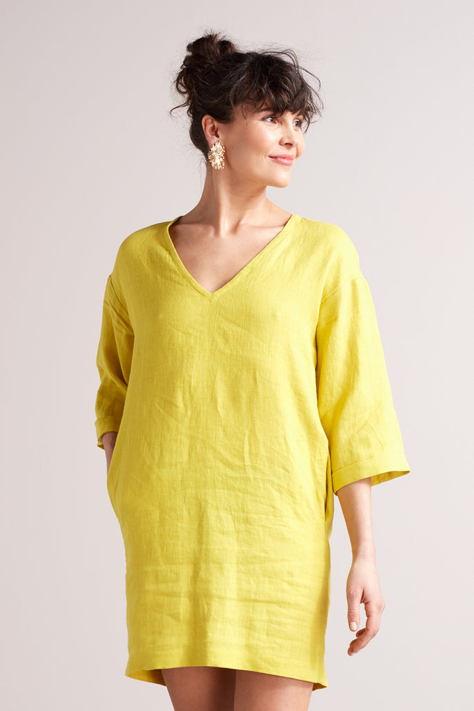 ELSA mini linen tunic dress in lemon yellow