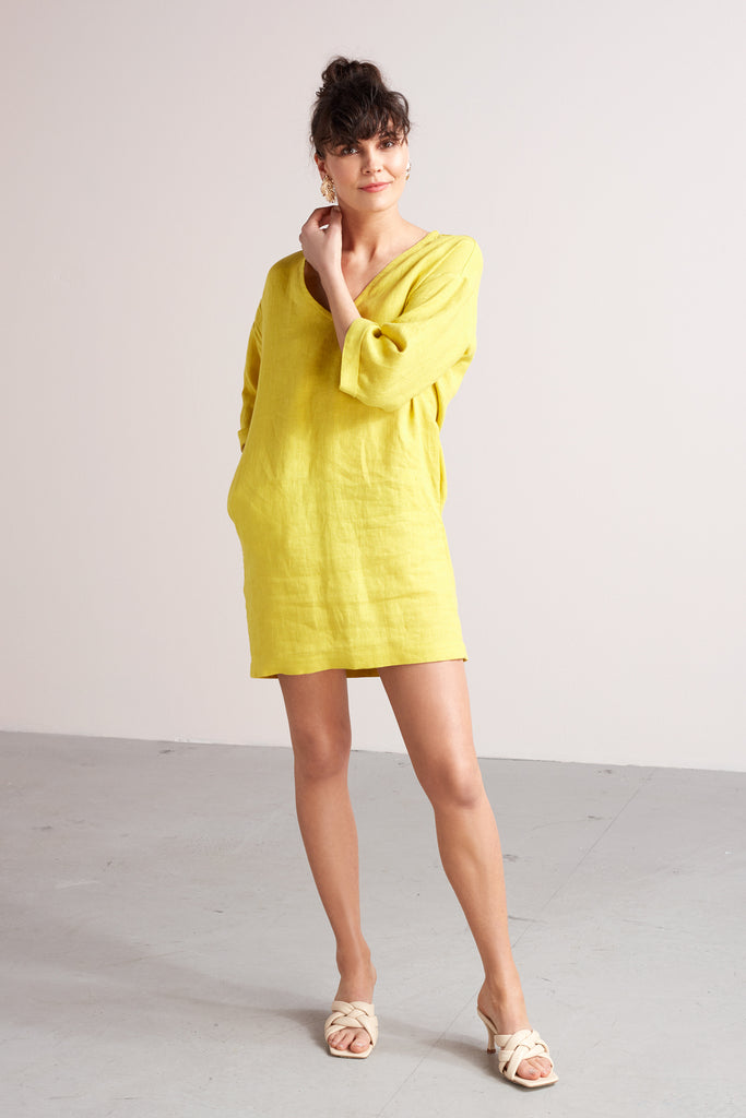 ELSA mini linen tunic dress in lemon yellow