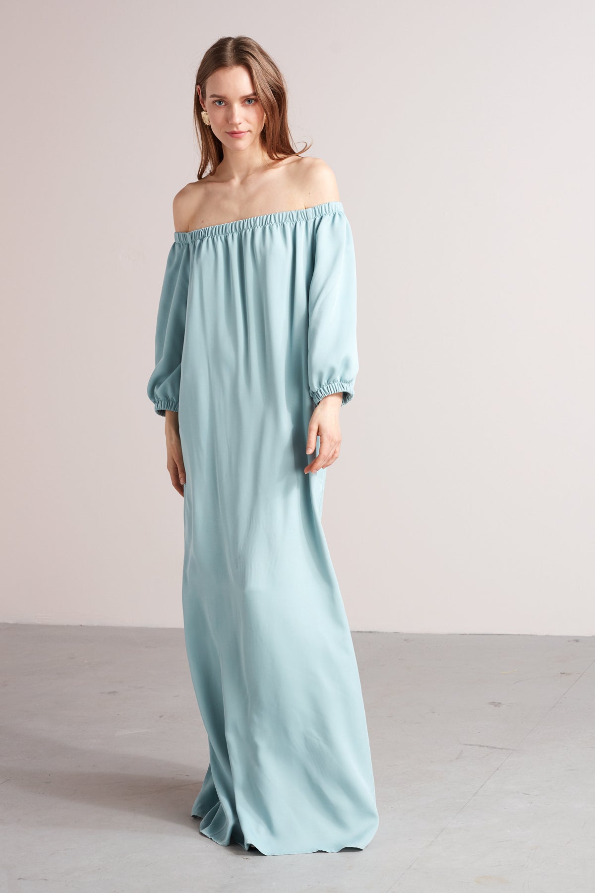GOYA off shoulder maxi dress in pearl white