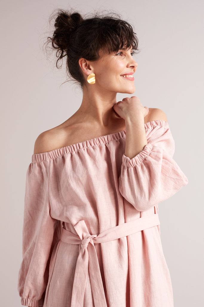 GOYA off shoulder maxi linen dress in dusty pink