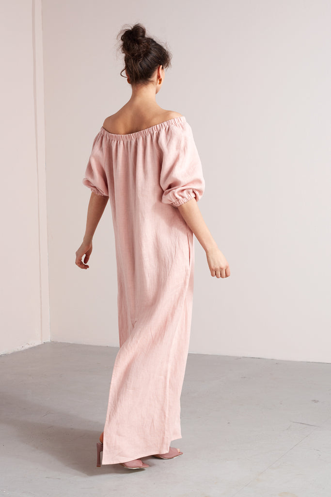 GOYA off shoulder maxi linen dress in dusty pink