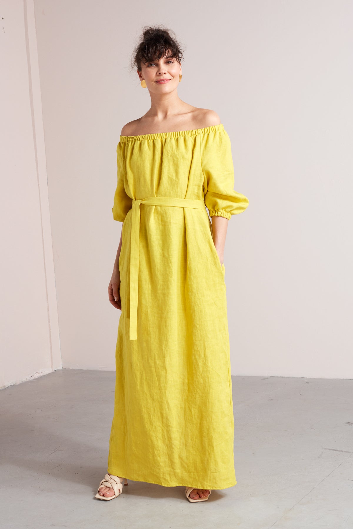 GOYA off shoulder maxi linen dress in lemon yellow – • unlined •
