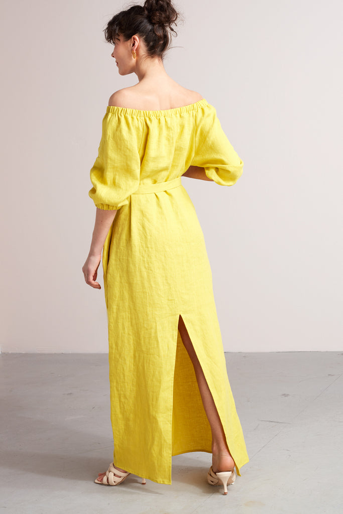 GOYA off shoulder maxi linen dress in lemon yellow