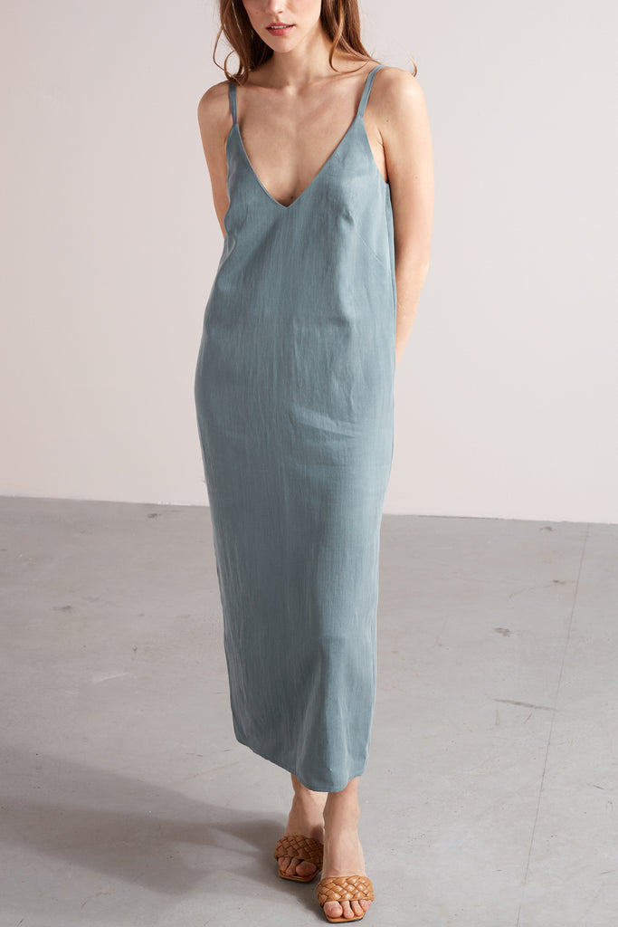 HANI cupro cotton midi slip dress in dusty blue