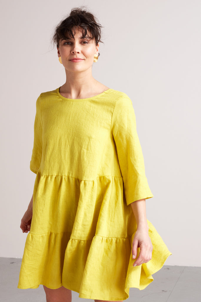 LOLITA linen baby doll mini dress in lemon yellow
