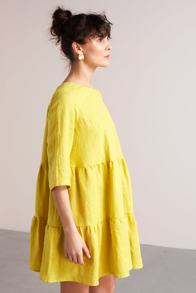 LOLITA linen baby doll mini dress in lemon yellow – • unlined