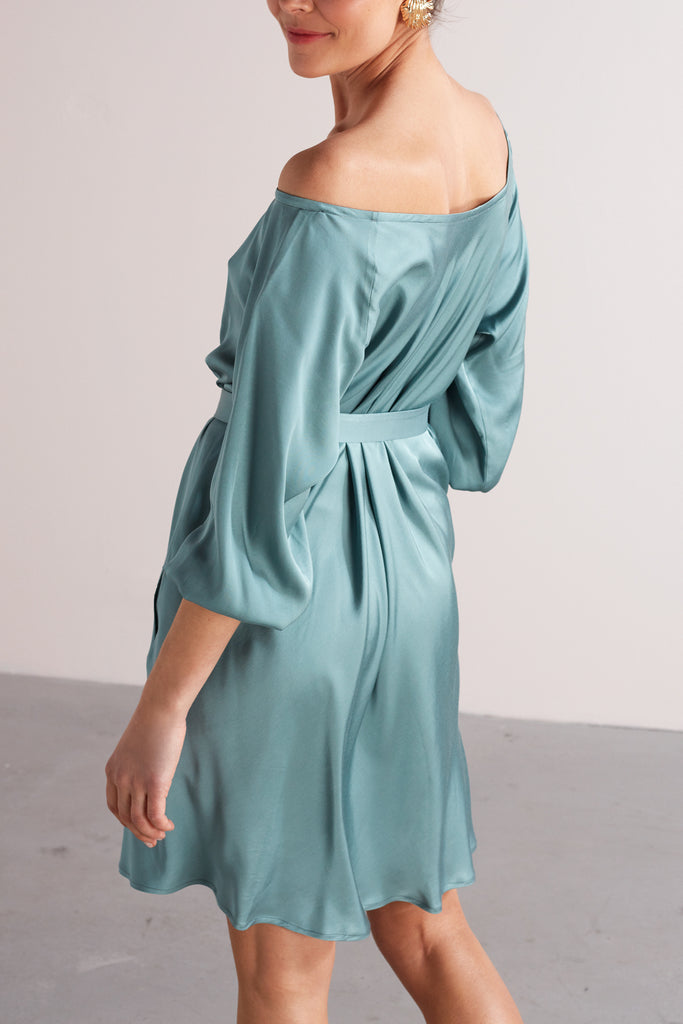 MILA mini flared of-the-shoulder dress in dusty blue