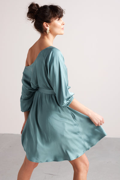 MILA mini flared of-the-shoulder dress in dusty blue
