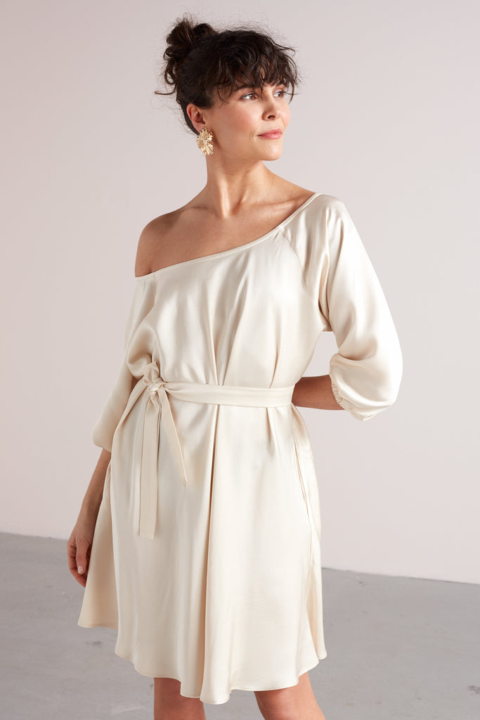 MILA mini flared of-the-shoulder dress in light cream