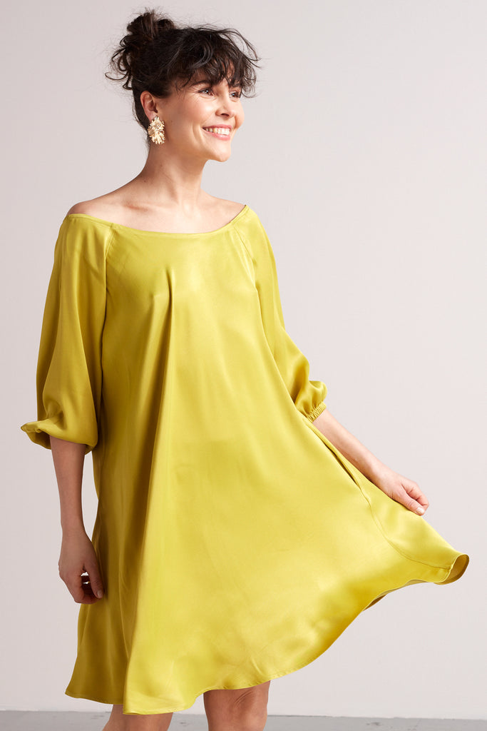 MILA mini flared of-the-shoulder dress in lime green