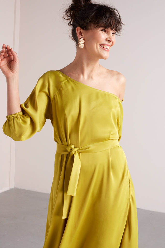MILA mini flared of-the-shoulder dress in lime green