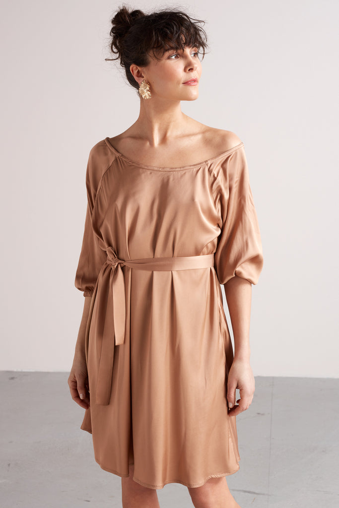 MILA mini flared of-the-shoulder dress in nude