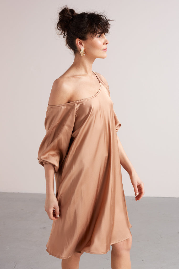 MILA mini flared of-the-shoulder dress in nude