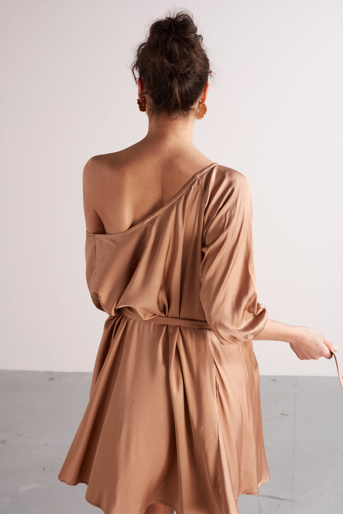 MILA mini flared of-the-shoulder dress in nude