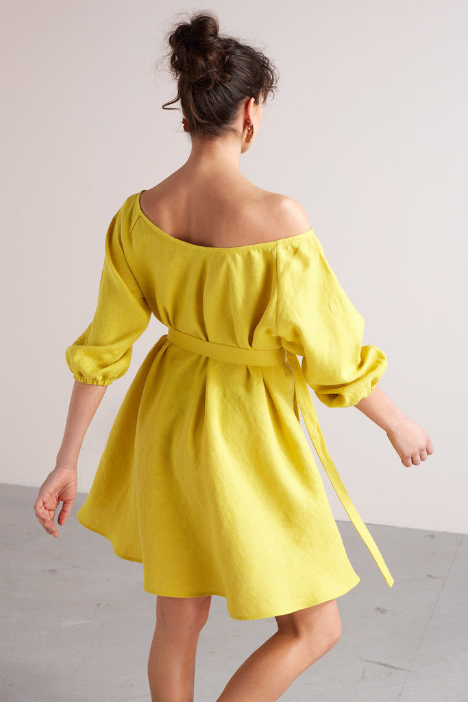 MILA mini flared of-the-shoulder linen dress in lemon yellow